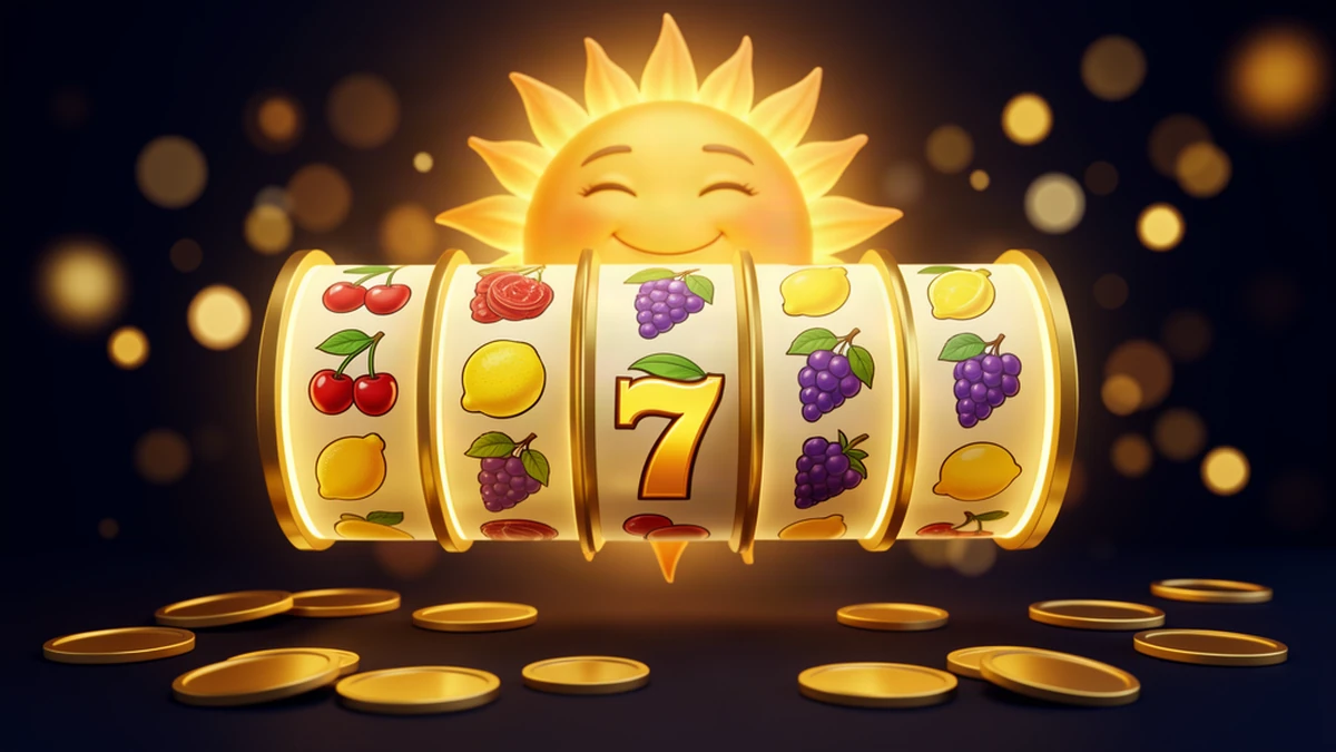 Merkur Spiele online Echtgeld — goldene Spielautomaten-Walzen mit Früchte-Symbolen und lachender Sonne 2026
